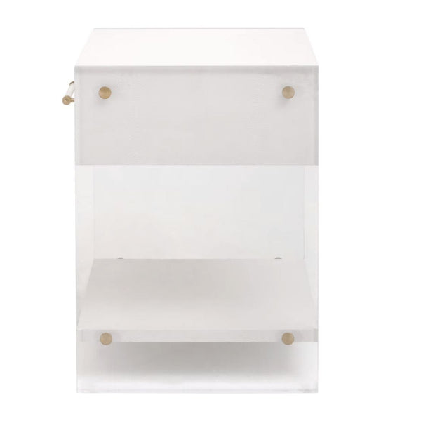 Sonia Pearl Shagreen & Lucite 1-Drawer Nightstand with brass hardware and lower shelf.