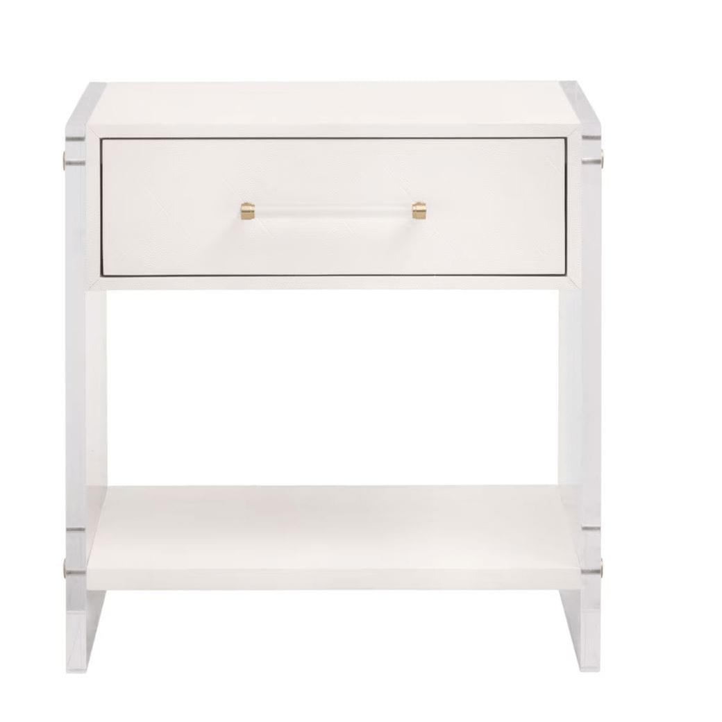 Sonia Pearl Shagreen & Lucite 1-Drawer Nightstand with gold hardware and a lower shelf.