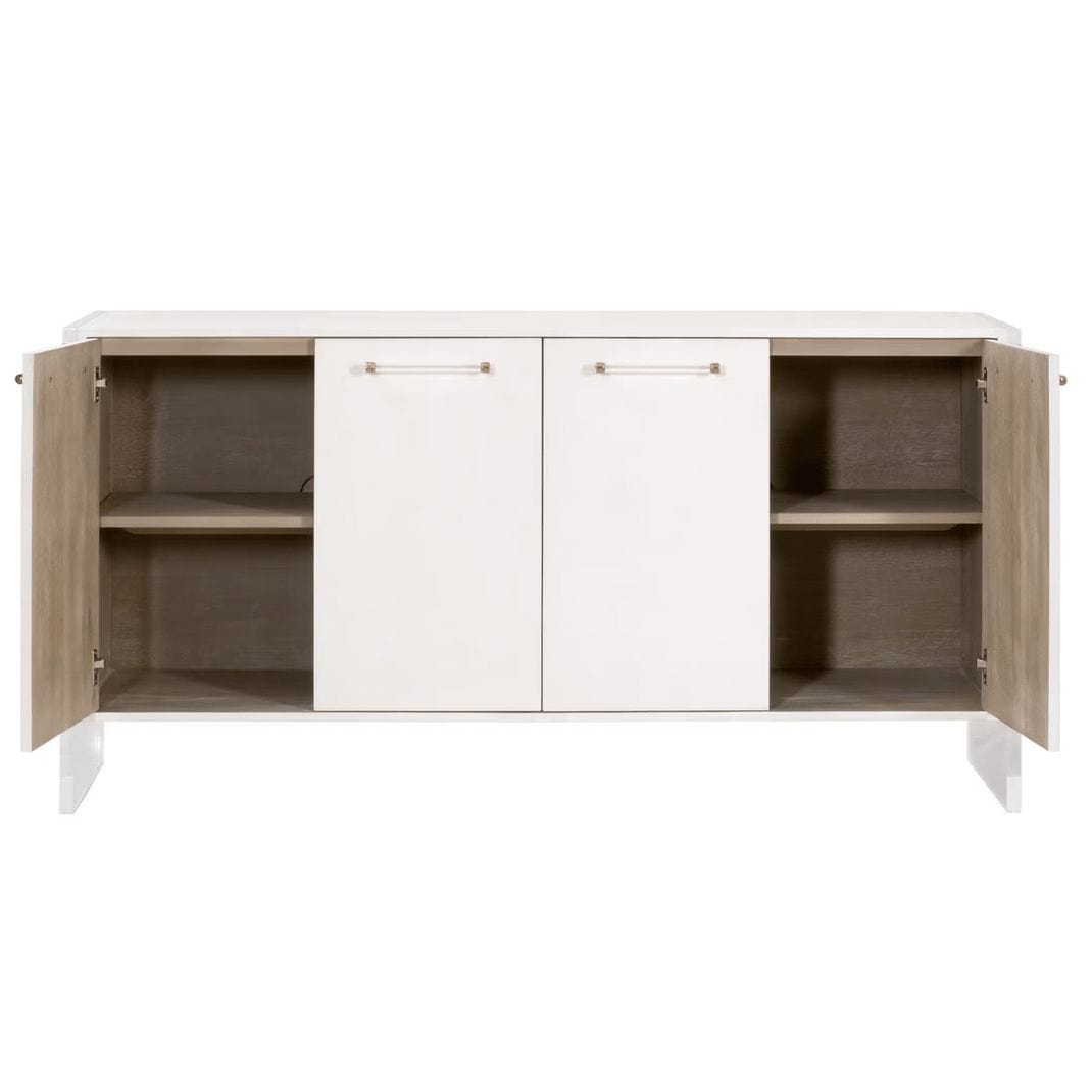 Sonia Pearl Shagreen & Lucite Media Sideboard with open doors, adjustable shelves, and brass accents.