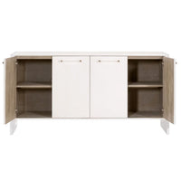 Sonia Pearl Shagreen & Lucite Media Sideboard with open doors, adjustable shelves, and brass accents.