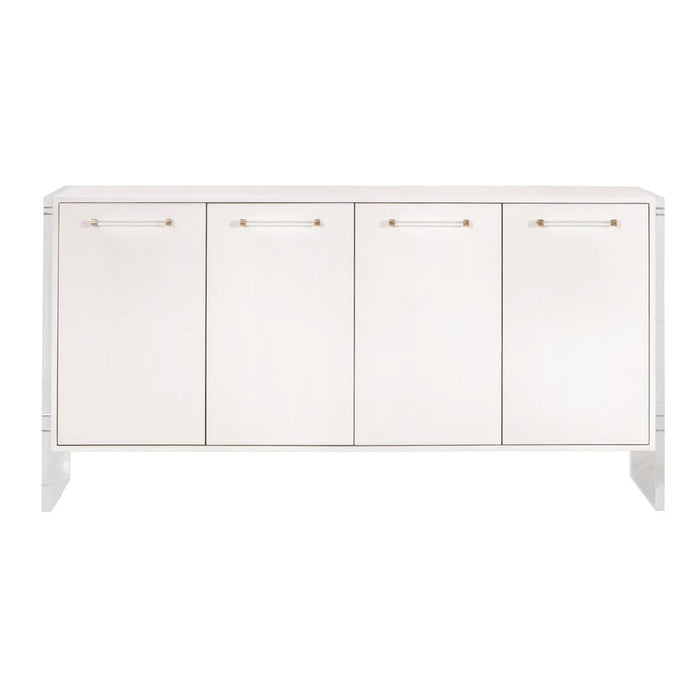 Sonia Pearl Shagreen & Lucite Media Sideboard with clear acrylic handles and brushed brass accents.