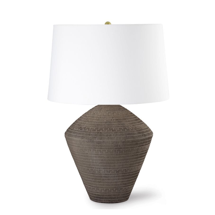 Soren Ceramic Table Lamp with a textured, dark brown earthenware base and a white linen shade.