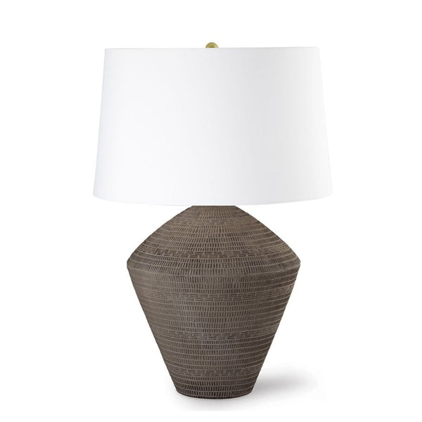 Soren Ceramic Table Lamp with a textured, dark brown earthenware base and a white linen shade.