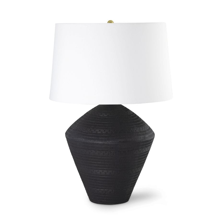 Soren ceramic table lamp with a black etched earthenware base and a white linen shade.