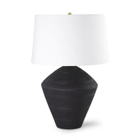 Soren ceramic table lamp with a black etched earthenware base and a white linen shade.