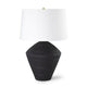 Soren ceramic table lamp with a black etched earthenware base and a white linen shade.