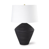 Soren Ceramic Table Lamp with a dark, textured earthenware base and a white linen shade.