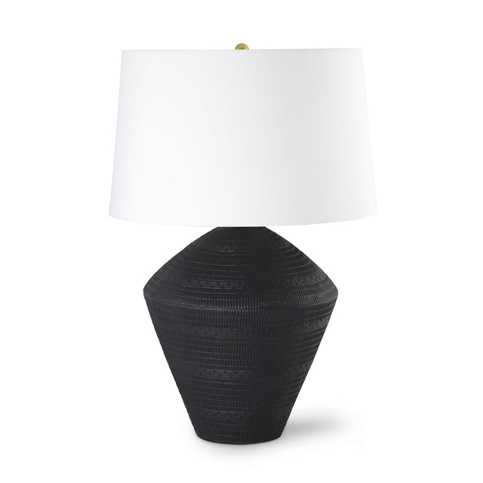 Soren Ceramic Table Lamp with a dark, textured earthenware base and a white linen shade.