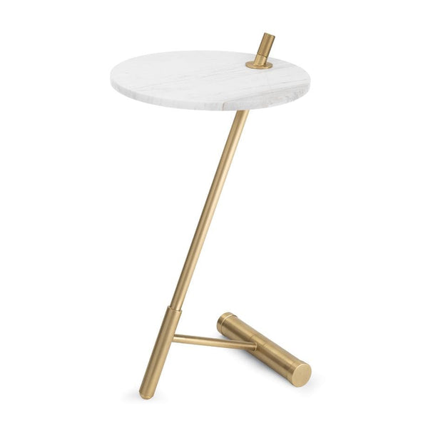 Modern Spyder accent table with a round white marble top and a unique nickel brass kickstand base.