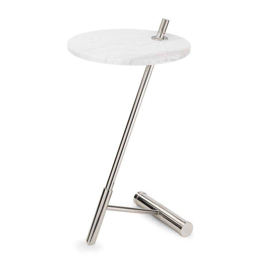Spyder Marble Accent Table with round white marble top and unique nickel brass kickstand base.