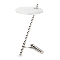 Spyder Marble Accent Table with round white marble top and unique nickel brass kickstand base.