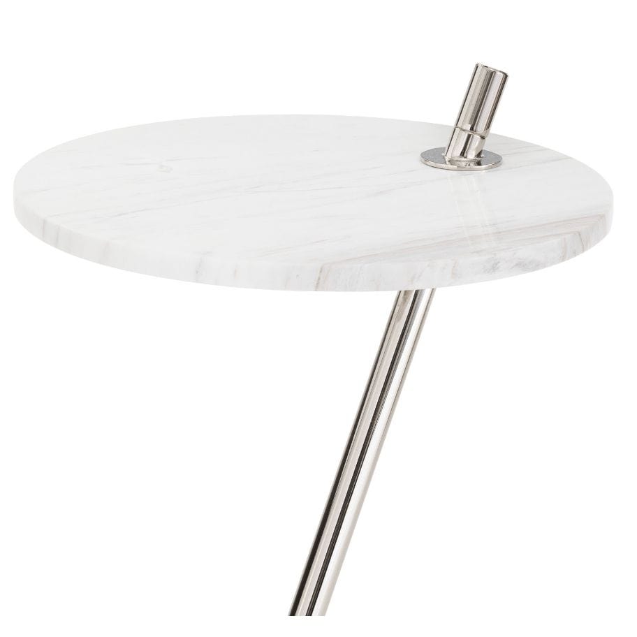 Modern Spyder accent table with a round white marble top and a sleek nickel brass metal base.