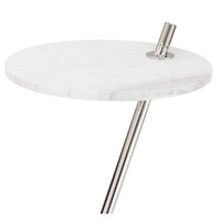 Modern Spyder accent table with a round white marble top and a sleek nickel brass metal base.