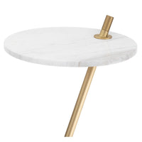 Spyder Marble Accent Table with a round white marble top and a unique brass kickstand base.