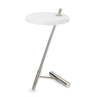 Spyder Marble Accent Table with round white marble top and polished nickel brass kickstand base.
