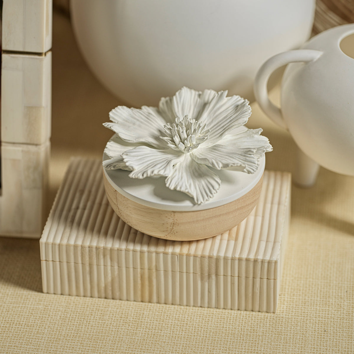 St Ives Ivory Ribbed Bone Inlay Decorative Box - Box Detail | Bone & Brass