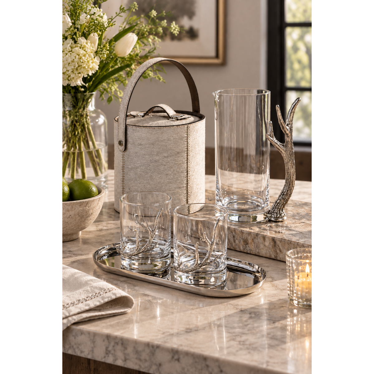 Davos Rock Glass Pitcher Pewter Antler Handle