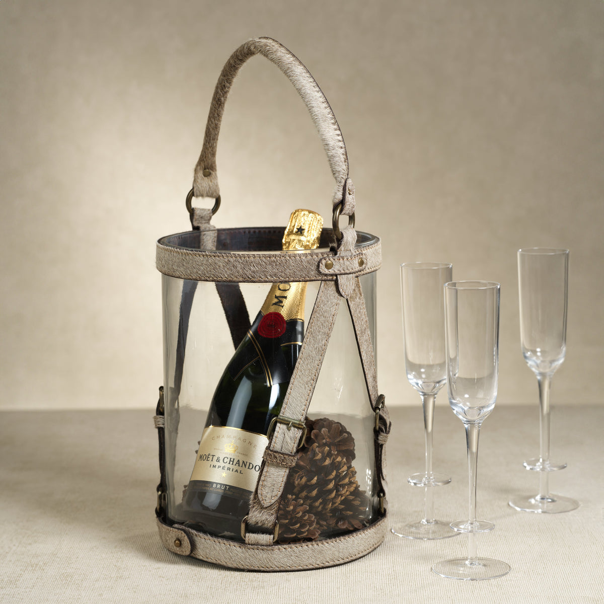 St. Moritz Hair-On-Hide Leather Glass Hurricane / Ice Bucket - Wine Bucket Detail | Bone & Brass