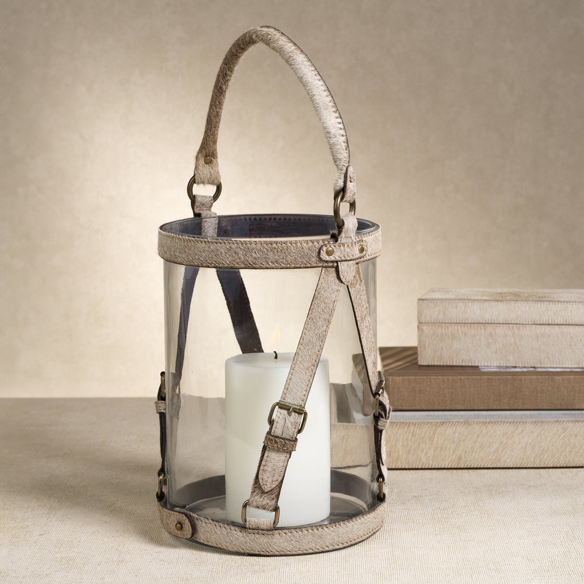 St. Moritz Hair-On-Hide Leather Glass Hurricane / Ice Bucket - Bucket Handle Detail | Bone & Brass