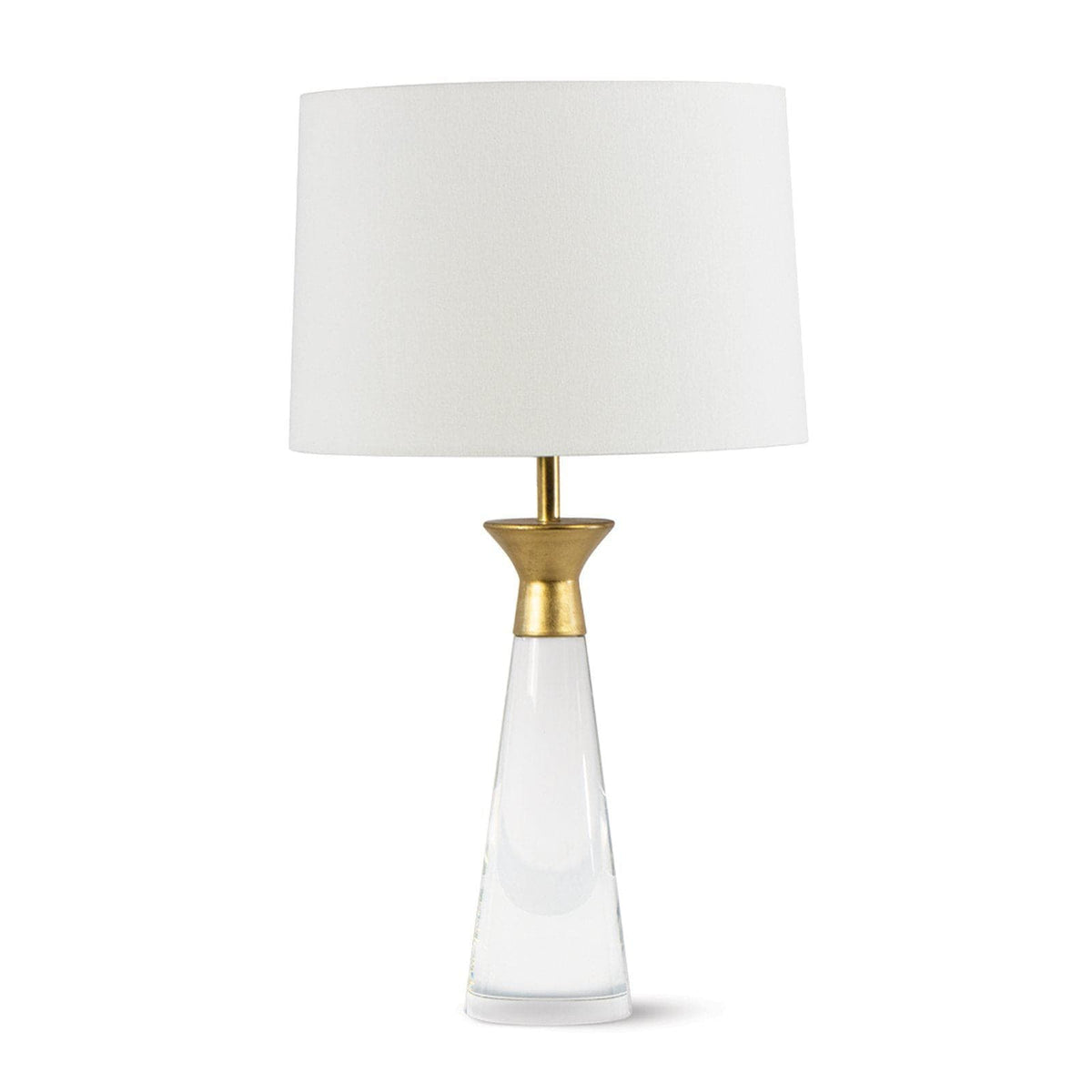 Starling Crystal Table Lamp with conical clear crystal base, gold-leafed metal, and natural linen shade.