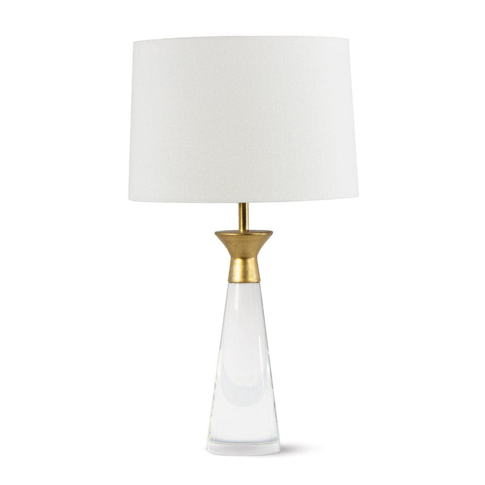 Starling Crystal Table Lamp with conical clear crystal base, gold-leafed metal, and natural linen shade.