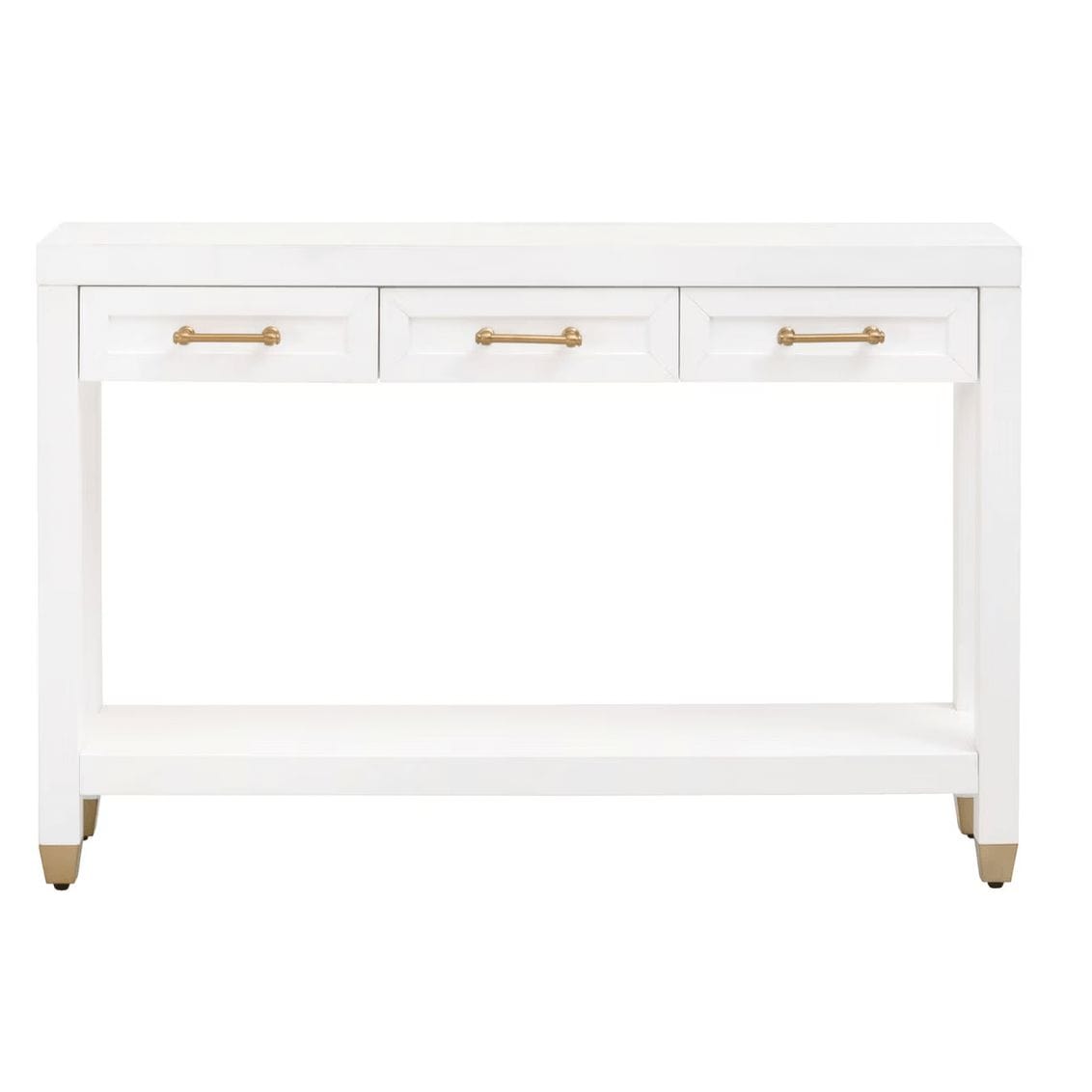 Stella matte white narrow console table with three drawers, gold pulls, and a bottom shelf.