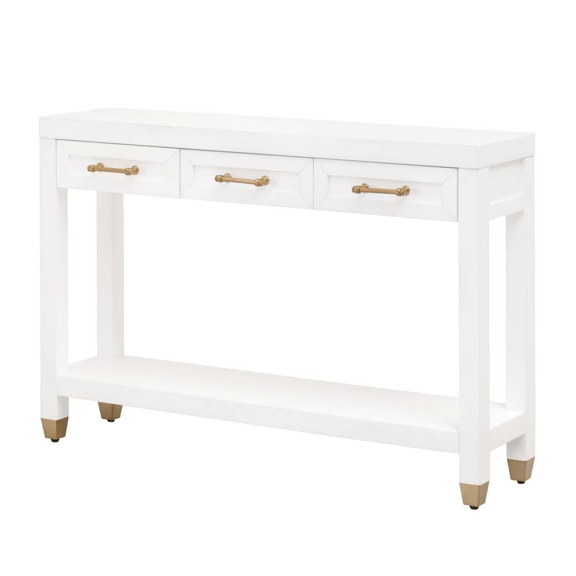 Stella matte white narrow console table with three drawers, gold pulls, a bottom shelf, and gold-capped feet.