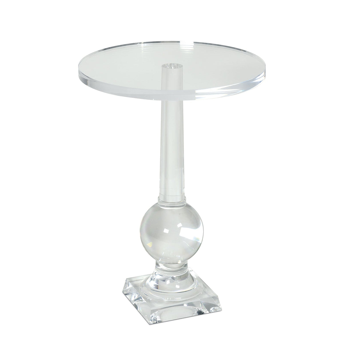 Clear acrylic Stowe Accent Table with a round top, cylindrical stem, and sculptural spherical base.