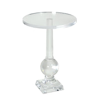 Clear acrylic Stowe Accent Table with a round top, cylindrical stem, and sculptural spherical base.