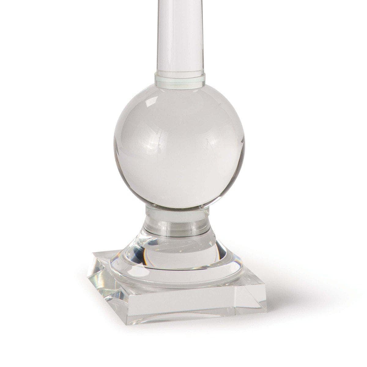 Stowe crystal table lamp base with a clear sculptural form, featuring a round orb and square pedestal.
