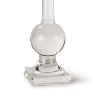 Stowe crystal table lamp base with a clear sculptural form, featuring a round orb and square pedestal.