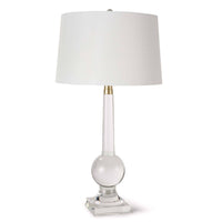 Stowe crystal table lamp with a clear sculptural base, polished brass accents, and a white linen shade.