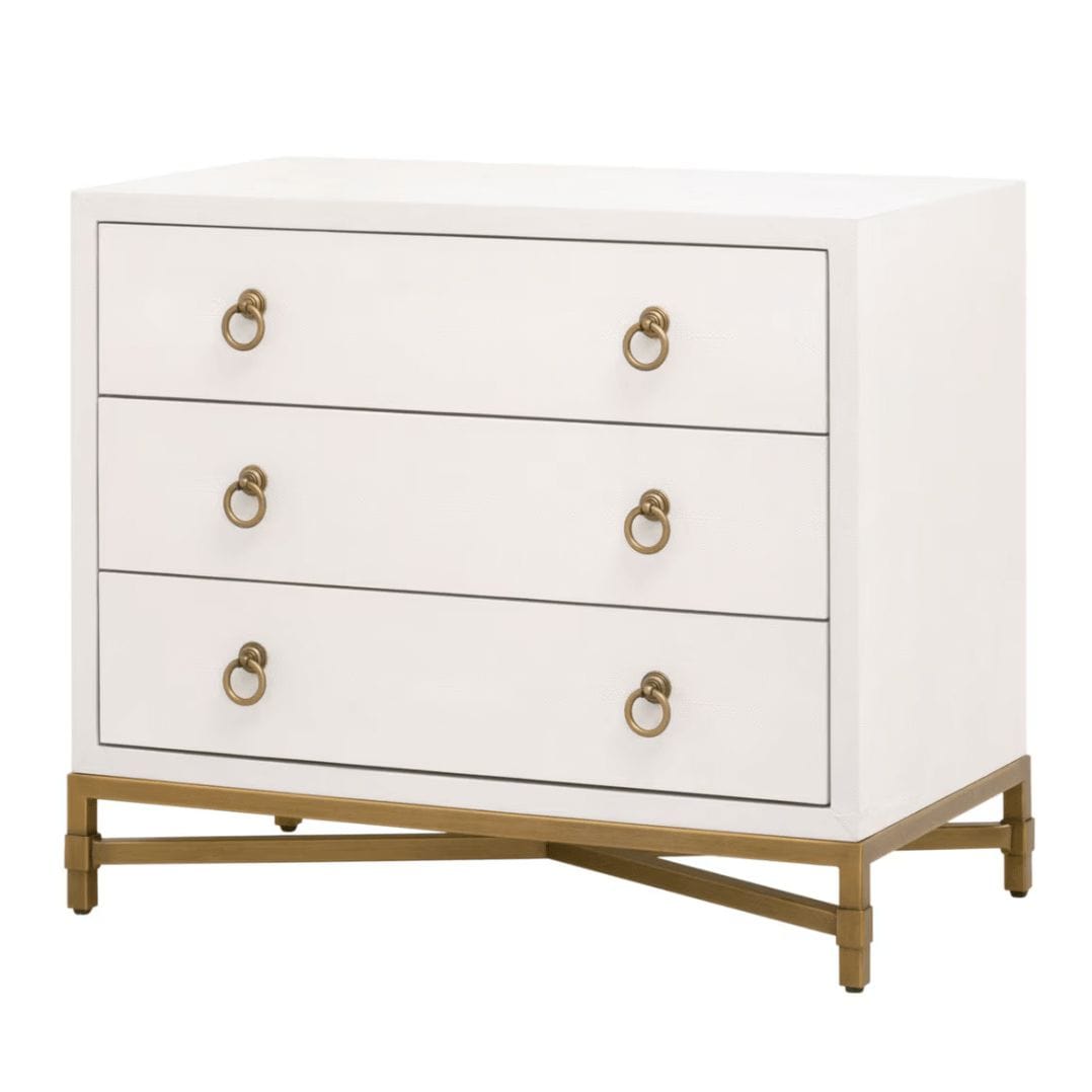 Pearl white faux shagreen 3-drawer nightstand with brushed gold steel base and ring pulls.