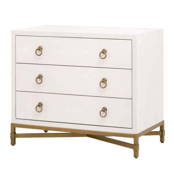 Pearl white faux shagreen 3-drawer nightstand with brushed gold steel base and ring pulls.