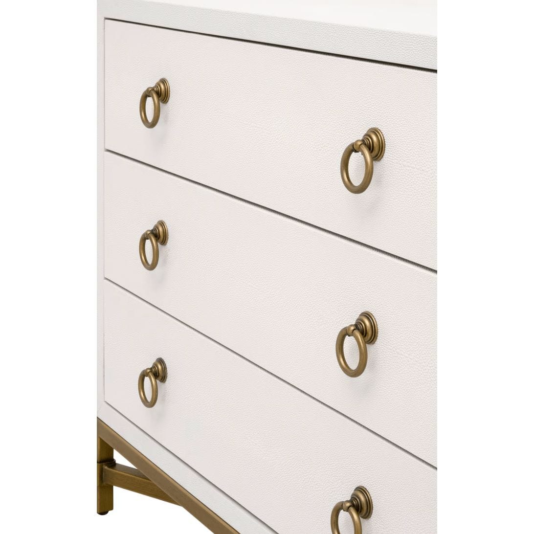 Pearl white faux shagreen 3-drawer nightstand with brushed gold steel base and ring pulls.