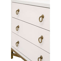 Pearl white faux shagreen 3-drawer nightstand with brushed gold steel base and ring pulls.