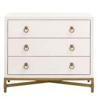 Pearl white faux shagreen 3-drawer nightstand with brushed gold steel base and ring pulls.