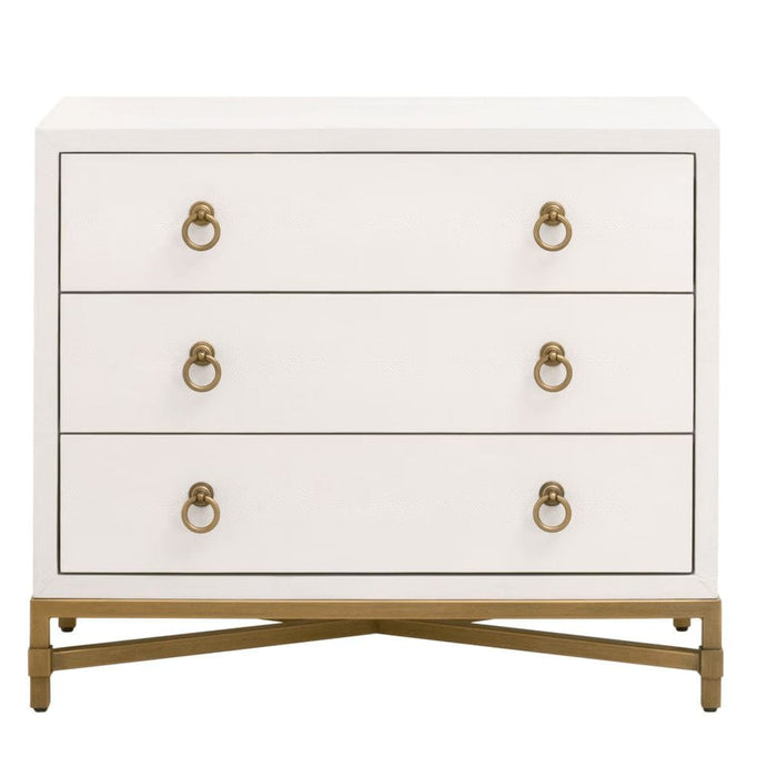 Pearl white faux shagreen 3-drawer nightstand with brushed gold steel base and ring pulls.