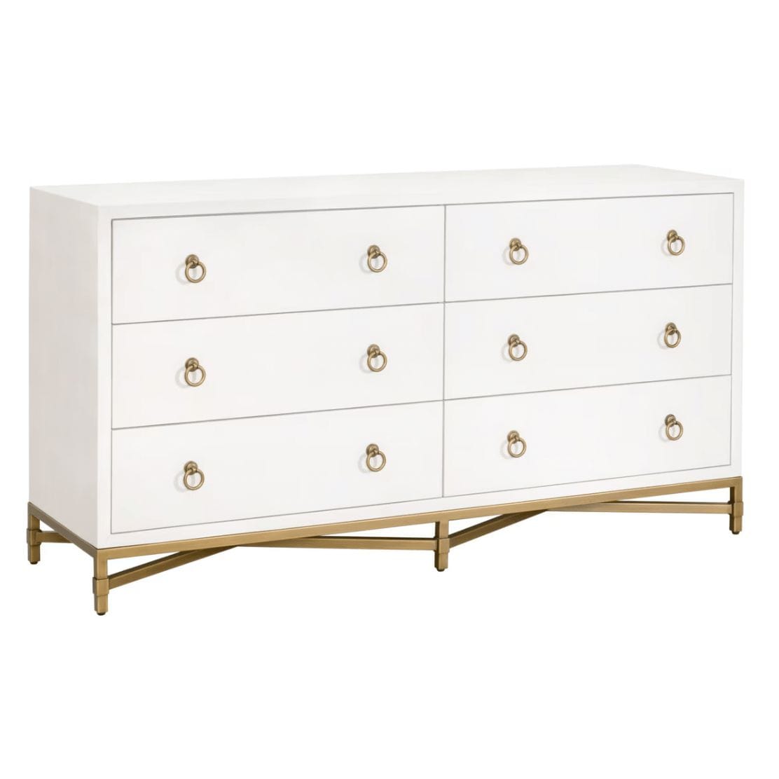 White faux shagreen 6-drawer double dresser with gold ring pulls and a steel base.
