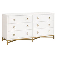 White faux shagreen 6-drawer double dresser with gold ring pulls and a steel base.