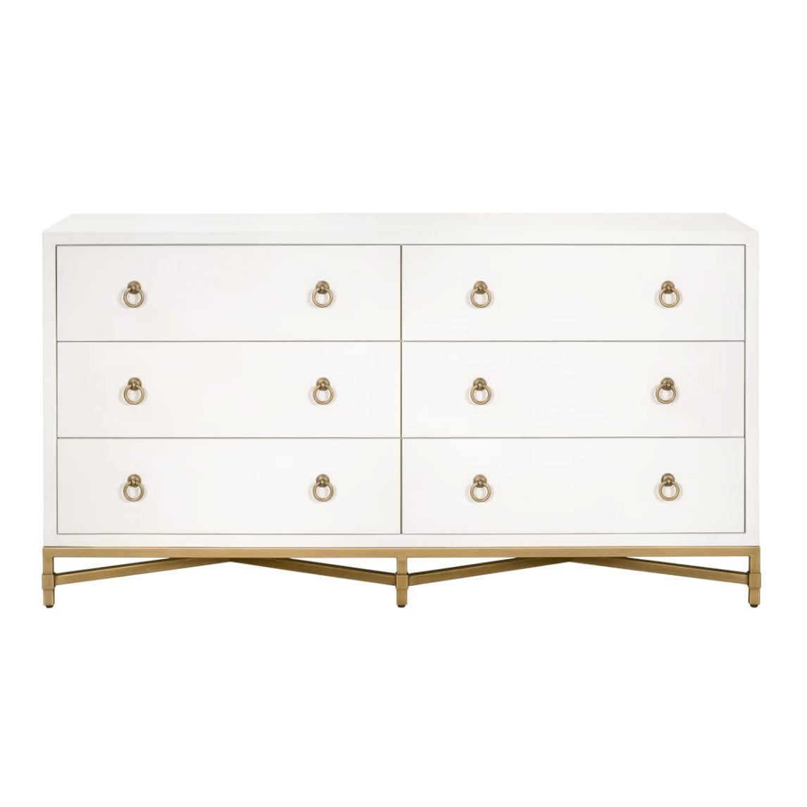 White Strand Pearl Shagreen 6-drawer double dresser with gold ring pulls and a sturdy steel base.