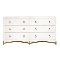 White Strand Pearl Shagreen 6-drawer double dresser with gold ring pulls and a sturdy steel base.