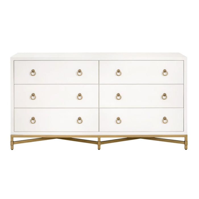 White Strand Pearl Shagreen 6-drawer double dresser with gold ring pulls and a sturdy steel base.