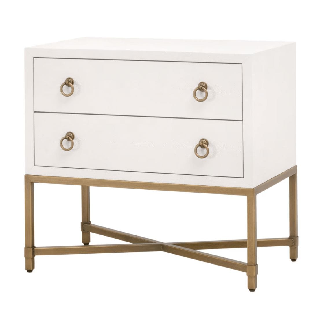 Pearl white faux shagreen 2-drawer nightstand with brushed gold ring pulls and an X-design steel base.