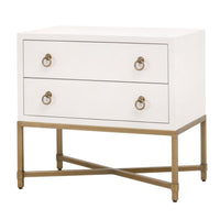 Pearl white faux shagreen 2-drawer nightstand with brushed gold ring pulls and an X-design steel base.