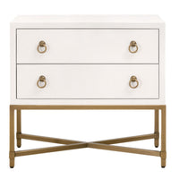 Pearl white faux shagreen 2-drawer nightstand with brushed gold ring pulls and an X-design steel base.