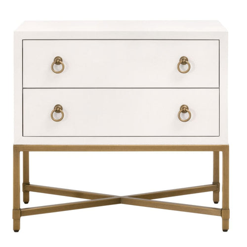 Pearl white faux shagreen 2-drawer nightstand with brushed gold ring pulls and an X-design steel base.
