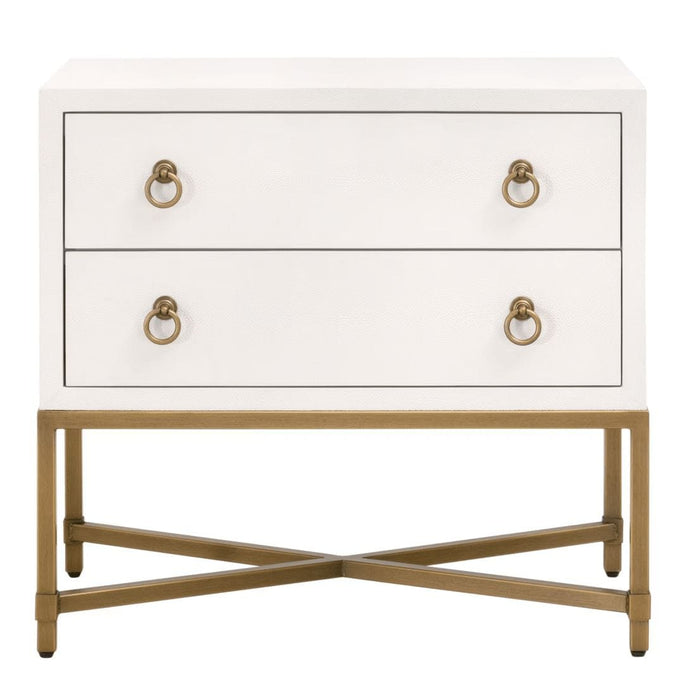 Pearl white faux shagreen 2-drawer nightstand with brushed gold ring pulls and an X-design steel base.