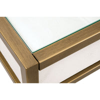 Pearl white faux shagreen desk with glass top and brushed gold steel frame.
