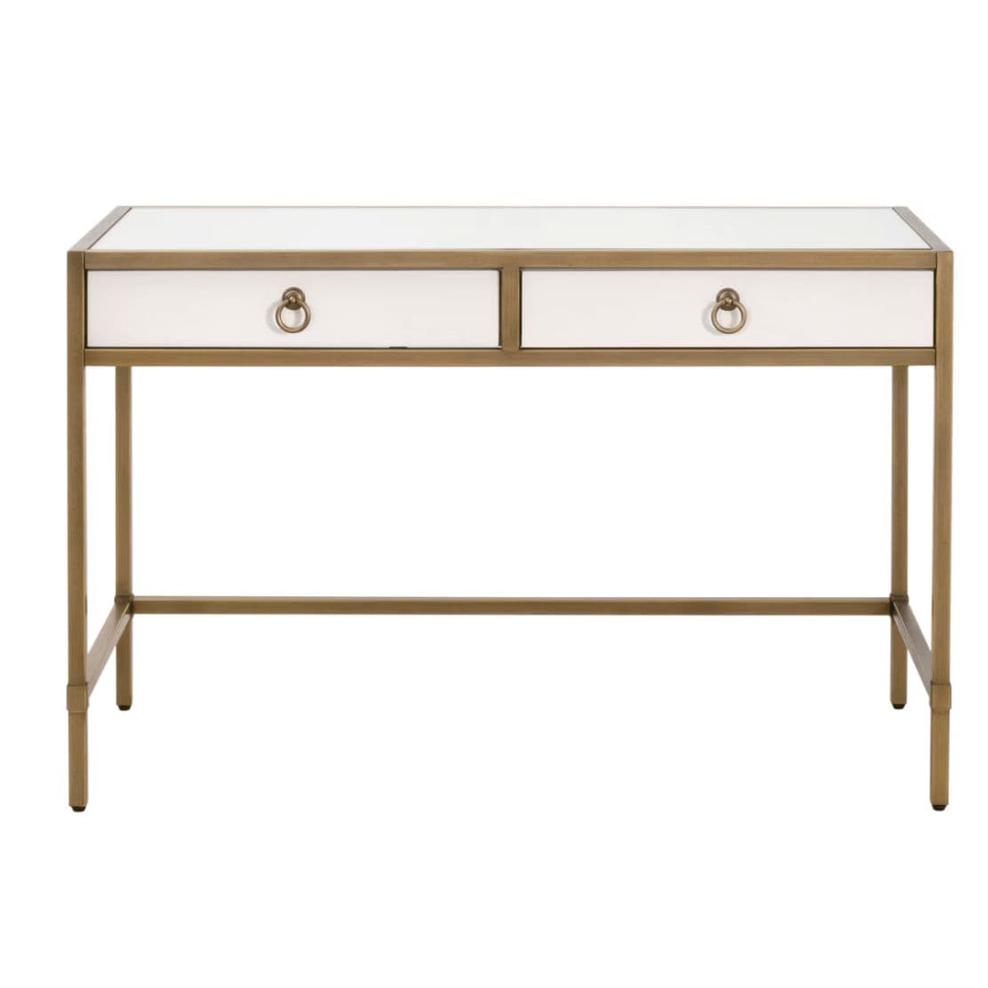 Pearl white faux shagreen desk with glass top, two drawers, and brushed gold steel base.